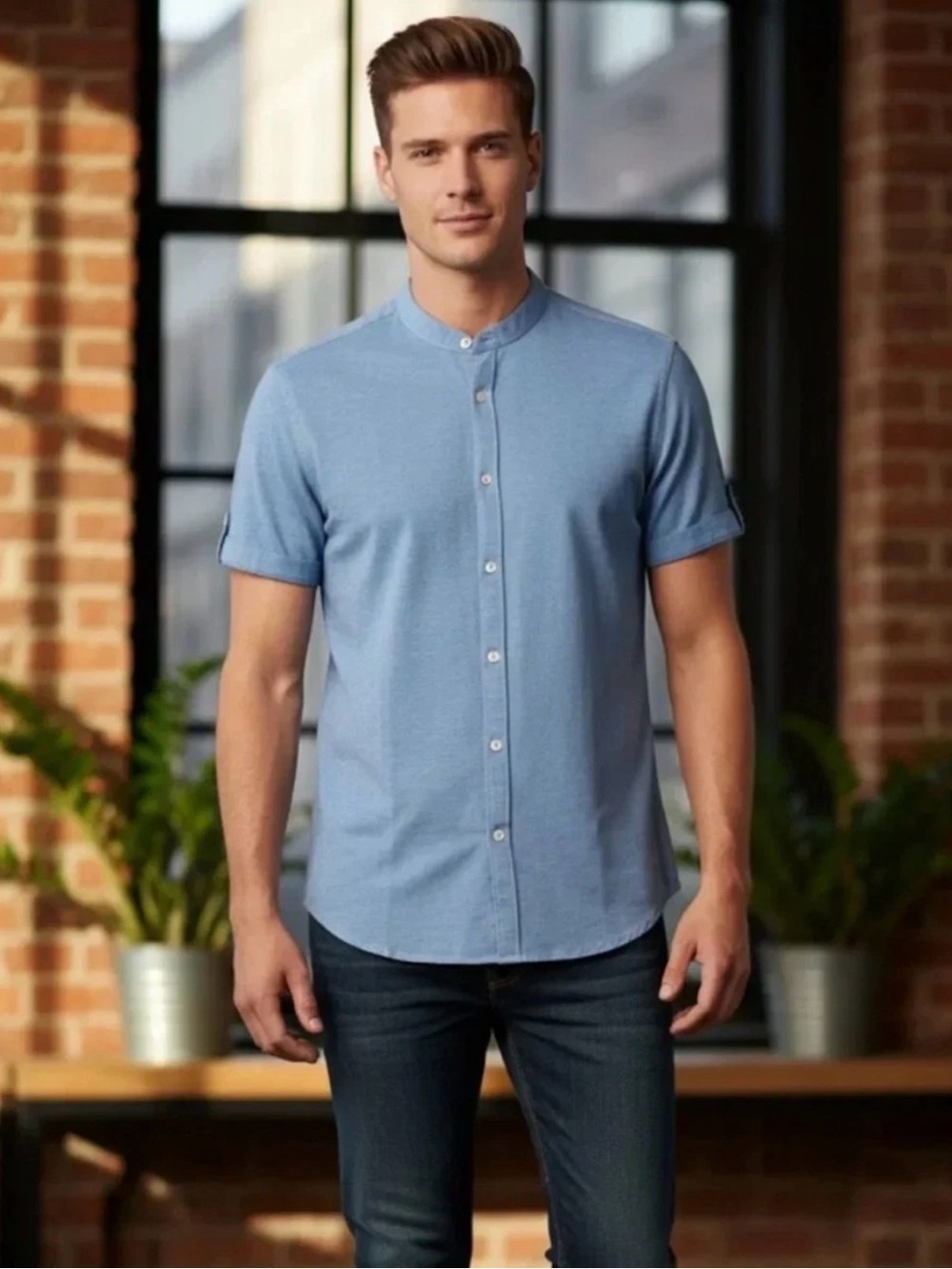 Zara Mens Slim Fit Button Front Shirt Large Blue Short Sleeve Casual Portugal